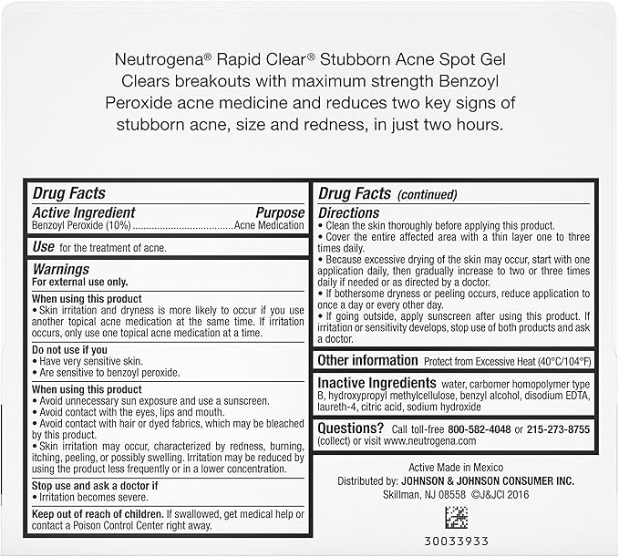 Neutrogena Rapid Clear Stubborn Acne Spot Treatment Gel, Maximum Strength 10% Benzoyl Per-oxide Treatment Medication for Acne Prone Skin, Pimple Cream Reduces Size & Redness, 1 oz