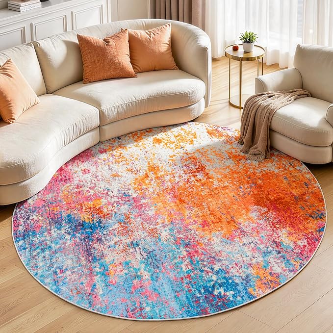 Rugflix Round Area Rugs 6Ft for Living Room, Washable Colorful Circle Rug | Machine Washable; Stain-Resistant; Low Pile; Non-Slip; Modern Abstract; Carpet for Bedroom Dining Office Nursery Home