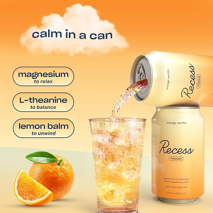 Recess Mood Magnesium Supplement Drink Calming Beverage, 12 Ounce (Orange Vanilla, 12 Pack)