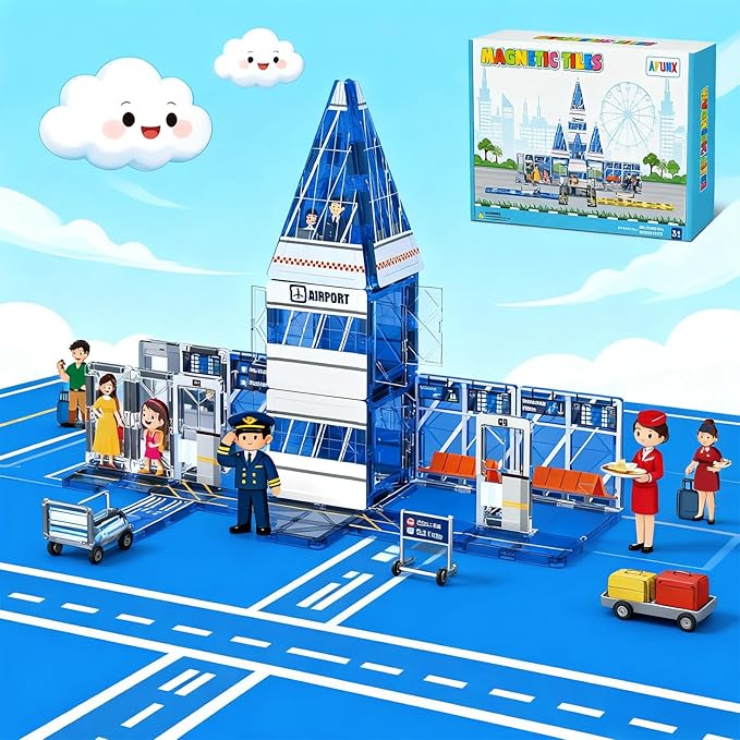 Magnetic Tiles, 54PCS Airport Theme Building Blocks Set, Magnet Building Blocks and STEM Preschool Educational Toys for Kids Toddlers Ages 3-5 5-7 8-10