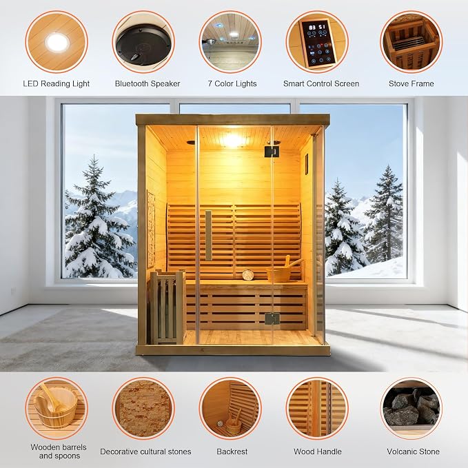 Smartmak Wood Home Traditional Steam Sauna, Wifi Control 3 Person Luxurious Indoor Canadian Hemlock Wooden Spa Room, with 4.5 kw Heater, Backrest, Bluetooth Speaker, Rocks, Water Bucket, Spoon, Lights