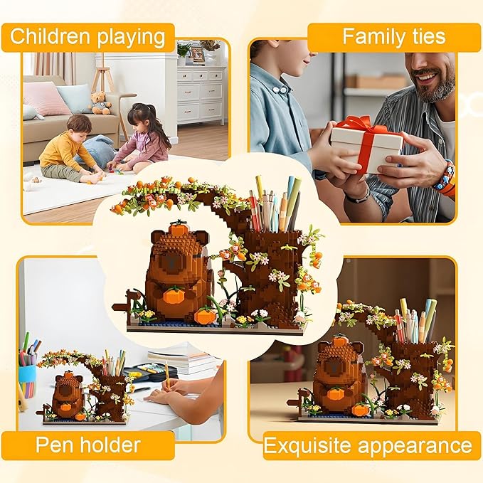 Capybara Building Blocks Set -1880PCS Cute Animals & Flowers Building Bricks Kit Kawaii Capybara Gifts Toy for Kids Age 6+, Capybara Stuff Pen Holder&Desk Organizer, Arts & Crafts for Boys Girls Adult