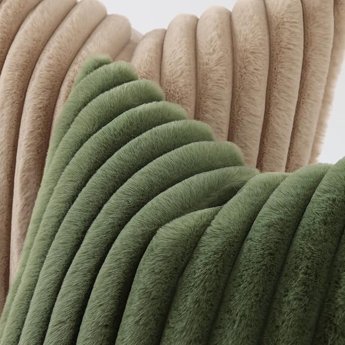 decorUhome Fall Faux Fur Throw Pillow Covers 26x26 Set of 2 Olive Green | Decorative Soft Cozy Striped Plush Modern Farmhouse Boho Couch Pillow Cases Velvet Back for Sofa Bed Living Room Home Decor