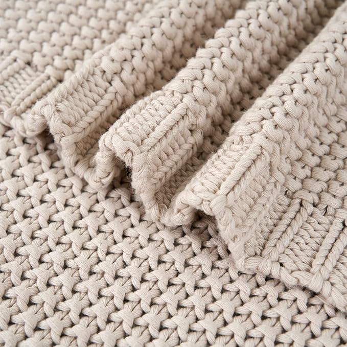 Chunky Cable Knit Throw Blanket Lightweight Beige 100% Organic Cotton Blanket for Sofa Couch Bed Baby Nursery, Rustic Shabby Chic Modern Farmhouse, 51” x 63” Give Laundering Bag
