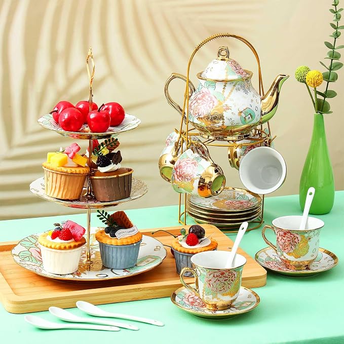 Maxcheck 21 Pcs Porcelain Tea Set for Women Tea Party with Metal Holder and 3 Tier Cake Stand Ceramic European Floral Teapot Set for Adults Mother's Day Christmas Thoughtful Gift(Elegant Style)