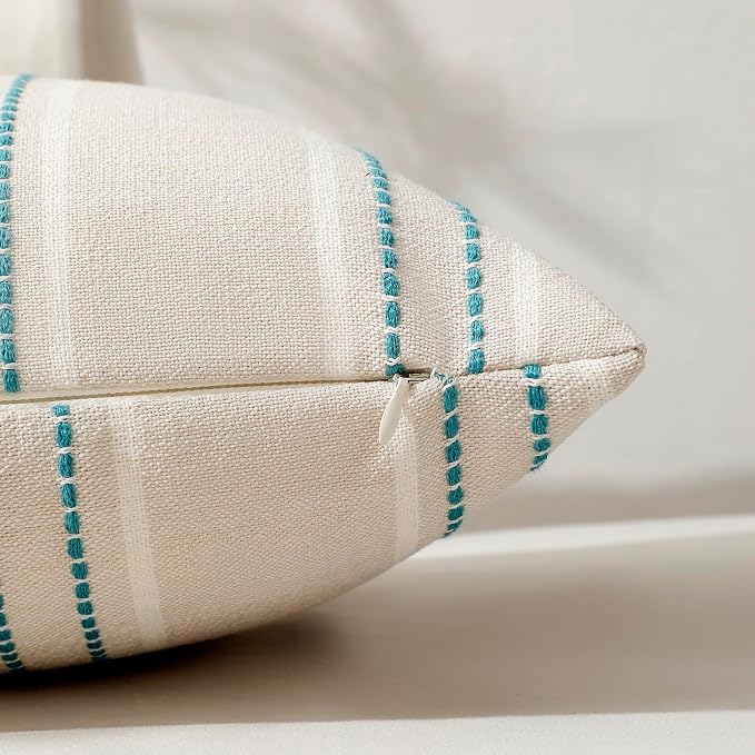 Hckot Stripe Throw Pillow Covers 22x22 Set of 2 Teal Blue Pillow Covers | Farmhouse Decorative Pillows Textured Linen Square Cushion Covers for Sofa Couch Bed Living Room Decor