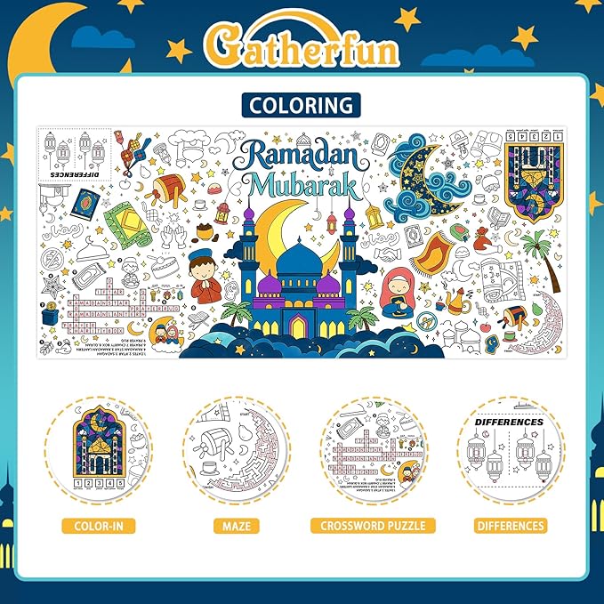 Ramadan Activity Poster & Home Decor - 31.5 x 72" Coloring Banner/Table Cover for Eid Mubarak Decoration, for School Parties & Ramadan Decoration