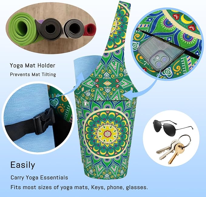 Mandala Yoga Mat Bag with Large Waterproof Zipper Pocket and Drawstring Pocket Long Tote Yoga Mat Carrier Holder Bags Fit Most Size Mats