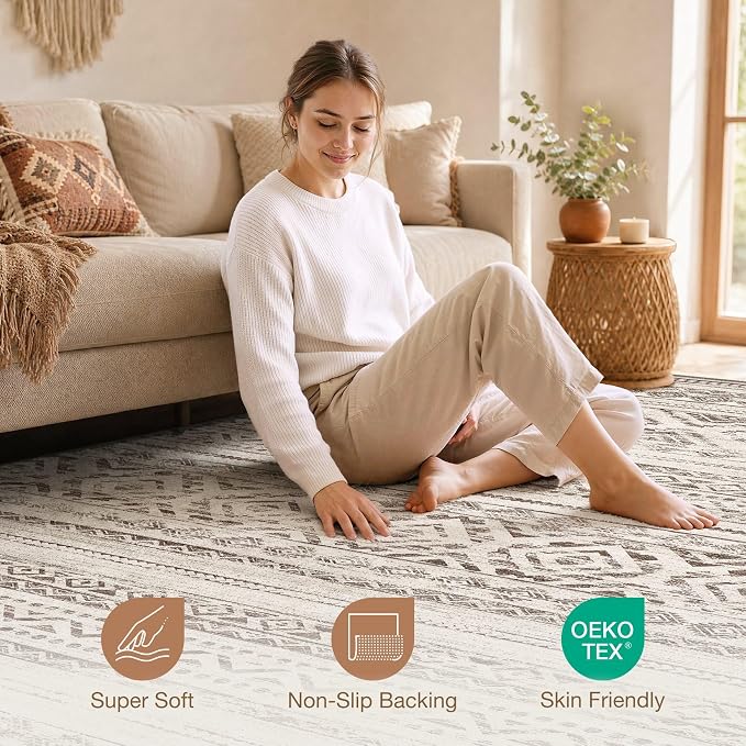 cotiled 8x10 Area Rugs Living Room Rug: Washable Boho Rugs with Non Slip Backing Large Soft Indoor Stain Resistant Carpet for Bedroom Farmhouse Dining Room Lightweight Home Decor Dark Brown