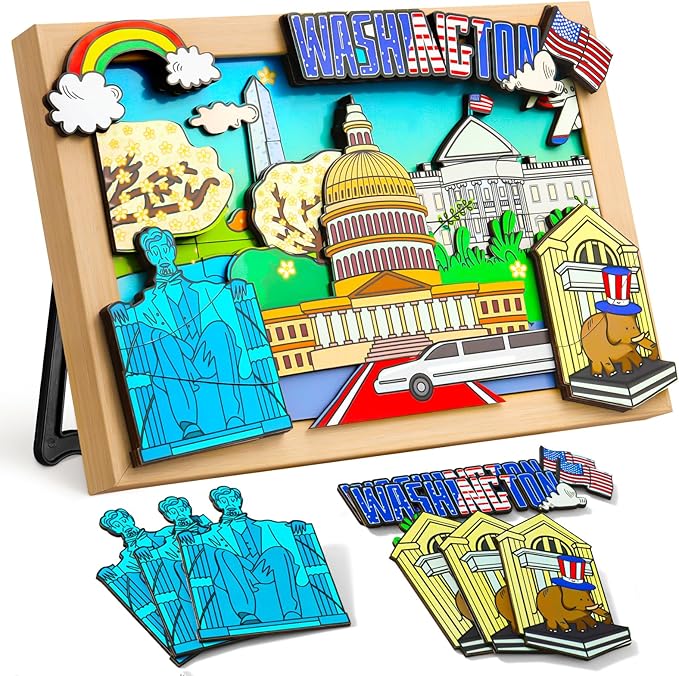 LQG Art Crafts Gift for Kids 4-8 Ages 3D Wooden City Landmark Series Frame Kit for Kids - DIY Washington Cartoon Style Puzzle Toys Perfect Wall Art and Tabletop Decoration