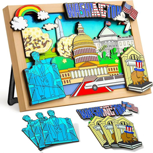 LQG Art Crafts Gift for Kids 4-8 Ages 3D Wooden City Landmark Series Frame Kit for Kids - DIY Washington Cartoon Style Puzzle Toys Perfect Wall Art and Tabletop Decoration