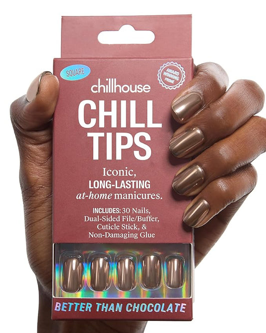 Chillhouse Chill Tips Signatures Press On Nails Kit, Better Than Chocolate - 30 Nail Shapes & Sizes, Dual-Sided Buffer & File, Cuticle Stick & Glue - Long-Lasting Nail Art Manicures