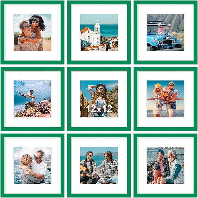 Vittanly 12x12 Picture Frames Set of 9 for Wall Mounting, Green | Display Pictures 8x8 with Mat or 12x12 without Mat for Wall Mounting, Square Photo Frames for Home Decor, Engineered Wood