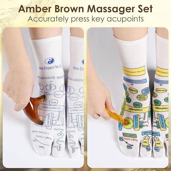 Reflexology Socks Set with Gloves Tools, 2 Pairs Massage Socks Chiro Acupressure Acupuncture Trigger Point 3pcs Tool Comb Gua Sha Foot Hands Head Pain Relief Acupoint Gifts for Women F