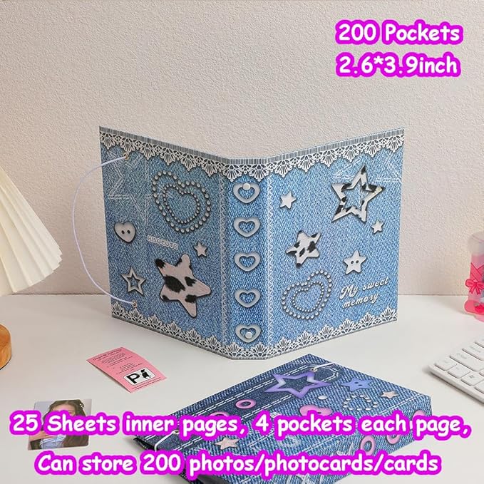 Kpop Photocard Binder with 6 Stickers Sheet & 50 Shinning Protective Sleeves Kpop Photocard Holder Book with Kpop Photocard, A5 Binder Photocard Album 30 Inner Pages with 240 Pockets (Jeans)
