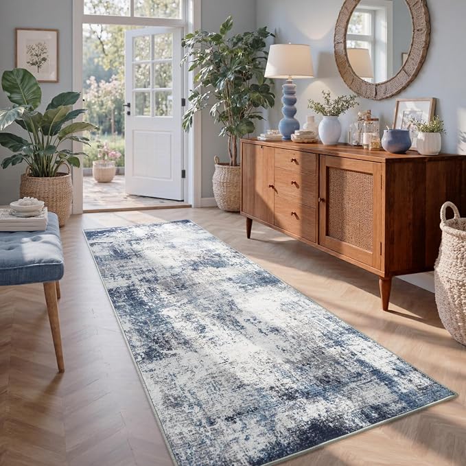 2x6 Ft Washable Runner Rug, Non-Slip Low Pile Hallway Kitchen Area Rug, Soft Long Entryway Floor Mat Abstract Pattern Carpet for Bedside & High-Traffic Areas (Blue)
