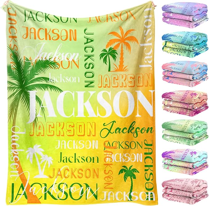 Personalized Name Blanket with Coconut Tree, Custom Blanket with Name for Adults, Customized Soft Throw Blanket, Personalized Gifts for Birthday Anniversary for Women Men