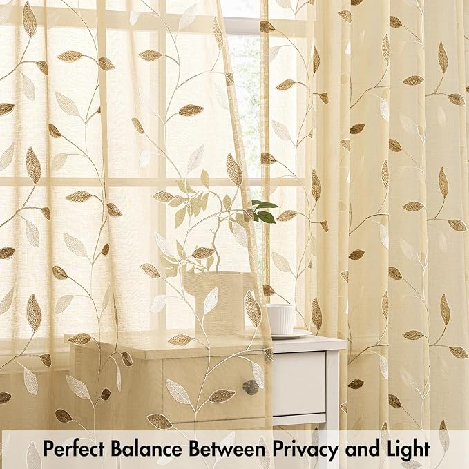 MIULEE Beige Sheer Curtains 2 Panels Embroidered Leaf Patterned Rod Pocket Floral Semi Sheer Faux Linen Short Window Curtains Drapes Set for Kitchen Bathroom Cafe, 30x30 Inches Length