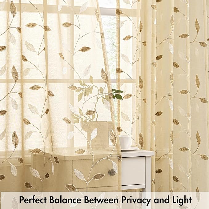 MIULEE Beige Sheer Kitchen Curtains 30x36 Inches Length 2 Panels Embroidered Leaf Patterned Rod Pocket Floral Semi Sheer Faux Linen Short Window Curtains Drapes Set for Bathroom Cafe