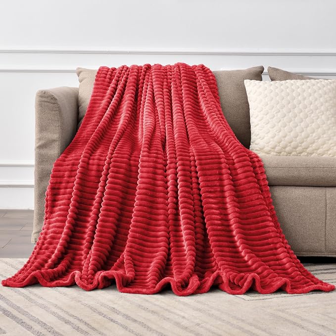 BEDELITE 3D Ribbed Jacquard Red Fleece Twin Blanket for Bed, 60x80 Inch | Soft Warm Decorative Fluffy Blanket, Cozy Plush Lightweight Fuzzy Throw Blanket for Couch Sofa Room Decor, Gift for Women