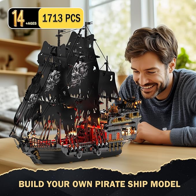 JMBricklayer Pirate Ship Building Toys with Lights, Pearl Pirate Ship Model Boat Kit 40002, Black Ship Toy Building Sets for Adult Teens 14+, Home Office Decor(1713 PCS) New Upgrade