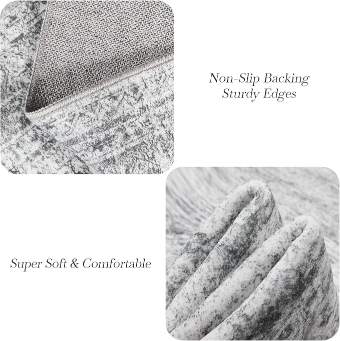 Soalmost 6x6 Grey Round Rug 6ft Circle Living Room Area Rugs Non-Slip | Washable Vintage Indoor Carpet for Dining Bedroom, Low Pile Stain Resistant Foldable Floor Mat Entryway Home Office Decor