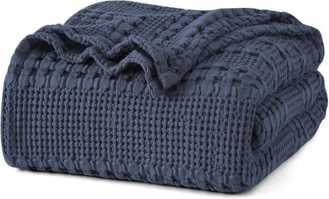 PHF 100% Cotton Waffle Weave Blanket King Size, Lightweight Breathable Summer Blanket for Hot Sleepers, Pre-Washed Soft Layer for Bed, Couch, Home Decor Gift, 108"x90", Indigo