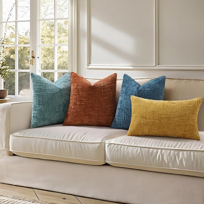 decorUhome Textured Chenille Throw Pillow Covers 12x20 Set of 2 Navy Blue | Fall Modern Farmhouse Soft Cozy Slubby Couch Pillow Cases Boho Decorative Pillow Cases for Bed Sofa Living Room Home Decor