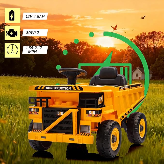 POSTACK 12 Volt Kids Ride on Toy, Ride on Construction Vehicle with 2 Powerful Motors, 1 Seater Kids Electric Car with Remote Control and Shovel,Bluetooth, Music,3 Speeds, Yellow