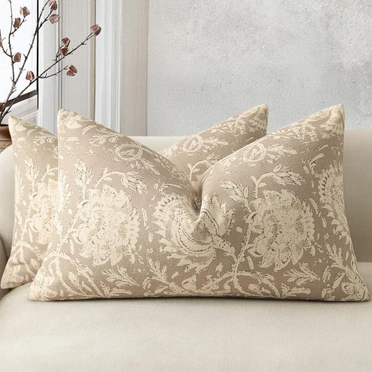 Vintage Floral Print Throw Pillow Covers 12x20 Set of 2 Neutral Modern Farmhouse Pillowcases Accent Decorative Cushion Covers Boho Home Decor for Couch Sofa Chair Bed Living Room, Latte