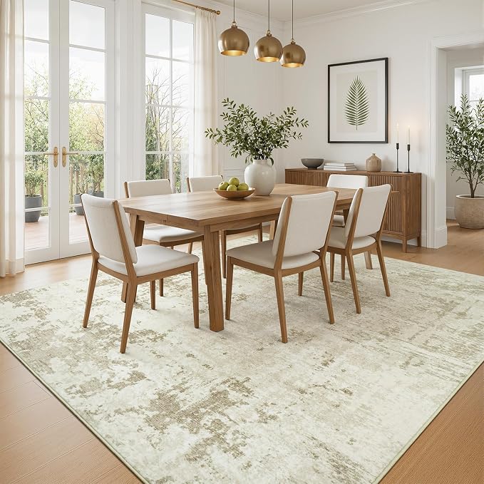 Rugflix 8x10 Area Rugs for Living Room, Washable Linen Beige Large Rug | Machine Washable; Stain-Resistant; Low Pile; Non-Slip; Modern Abstract; Carpet for Bedroom Dining Office Nursery Home