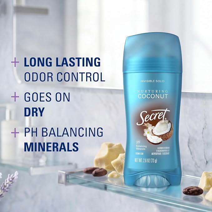 Secret Fresh Antiperspirant Deodorant for Women, 72hr Breathable Sweat & Odor Protection, Instant Freshness & Gentle, PH Balancing Minerals, Invisible Solid, Cocoa Butter Scent, 2.6 oz