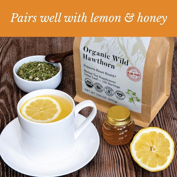 Wild Bliss Organic Hawthorn Tea - Caffeine Free Loose Leaf and Flower Herbal Tea - Pharmacopoeia Potency - 100 Servings