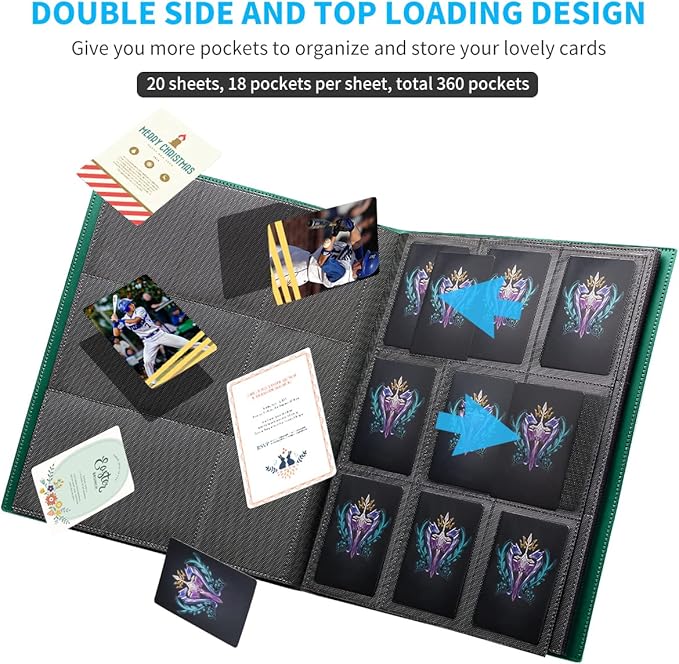Card Binder, 360 Pockets Upgraded Trading Card Binders, Cards Collection Binder 9 Pocket, Side Loading Yugioh Binder Book Holder for MTG, TCG, Sport, Football, Baseball Collector Cards - Green