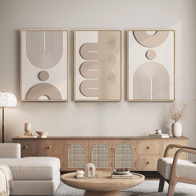 Large 3D Textured Framed Neutral Abstract Wall Art for Living Room, 3 Piece | Solid wood frame, sandstone texture painting, curved line detail and beige tone, ready to hang, wall decor for bedroom office