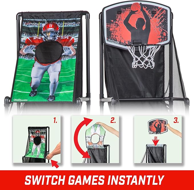 GoSports 2 in 1 Basketball & Football Toss Arcade Game - Indoor & Outdoor Toy Hoop for Kids Ages 3-8