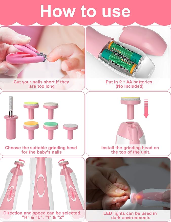 Baby Healthcare and Grooming Kit, 24 in 1 Baby Electric Nail Trimmer Set Newborn Nursery Health Care Set for Newborn Infant Toddlers Baby Boys Girls Kids Haircut Tools (0-3 Years+) (Pink)