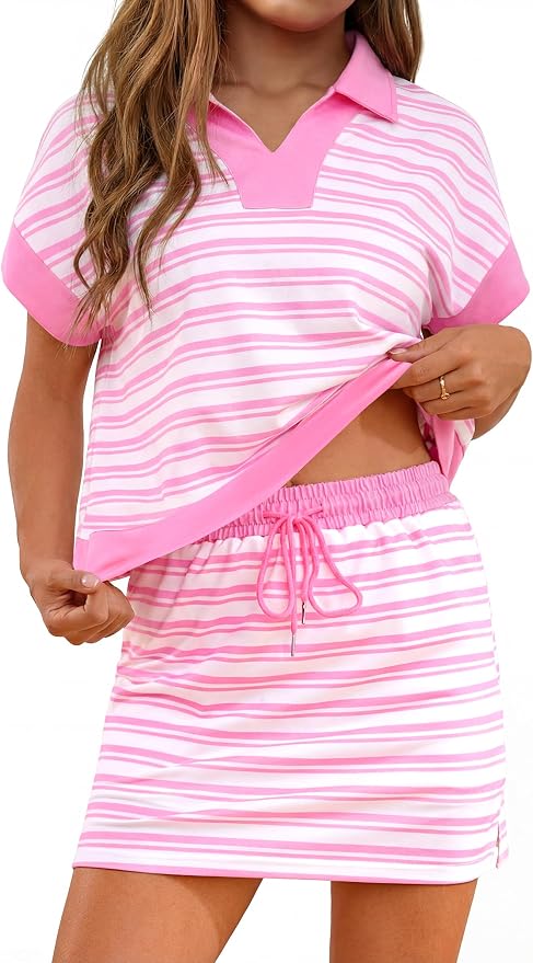Womens Striped 2 Piece Outfits Skirt Set Summer Casual Short Sleeve Polo Skort Workout Set Matching Lounge Sets