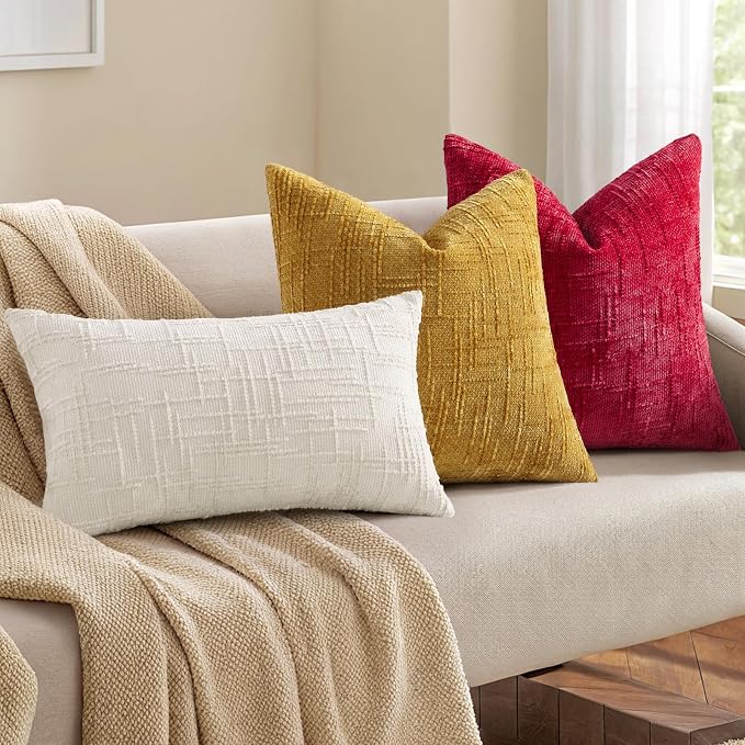 decorUhome Textured Chenille Throw Pillow Covers 22x22 Set of 2 Red | Fall Modern Farmhouse Soft Cozy Slubby Couch Pillow Cases Boho Decorative Pillow Cases for Bed Sofa Living Room Home Decor