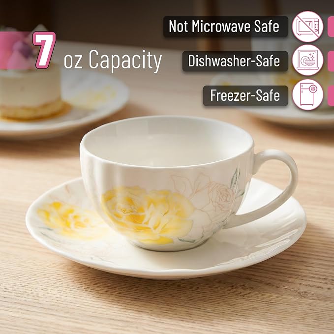 BTaT- Floral Tea Cups and Saucers Set, 7 oz, Set of 6, Porcelain Tea Cups with Saucers, Dishwasher Safe, Coffee Cup & Saucer for Women, Wedding Gift, Parties & Gifting