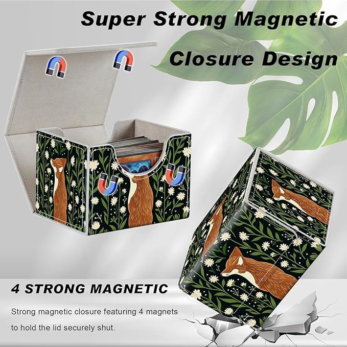 DEGDFSGR Card Game Storage Box for TCG MTG Commander Deck Box Organizer Trading Card Case Storage Box Magnetic Closure Creative Pattern Up to 200 Cards, The Fox is on The Grass