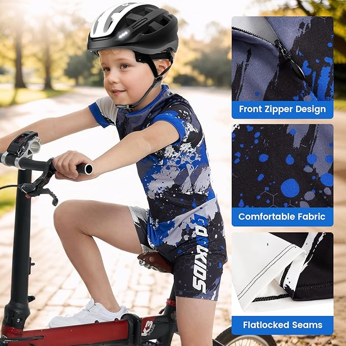 Gogokids Boys Cycling Jersey Youth Bike Suit with 3D Cushion, Kids Teen Short Sleeve Bicycle Clothes