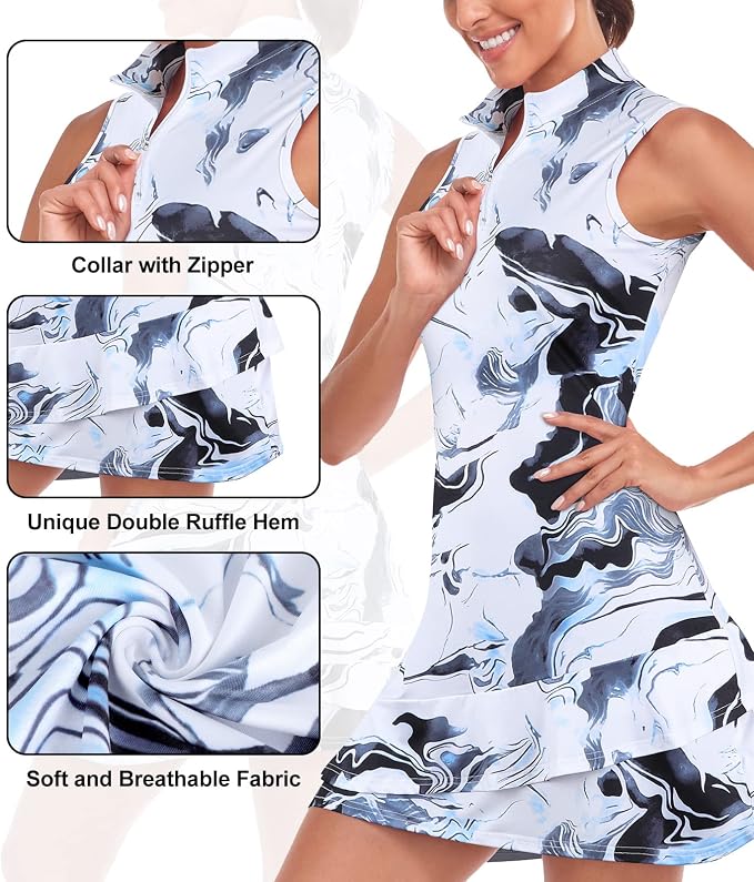 Viracy Tennis Dress for Women Sleeveless Golf Dresses with Shorts and Pockets Ruffle Zip Up Stand Collar Golf Outfits
