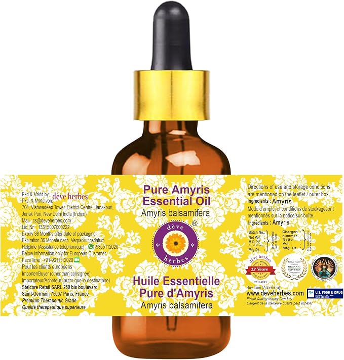 Deve Herbes Pure Amyris Essential Oil (Amyris balsamifera) with Glass Dropper Steam Distilled 15ml (0.50 oz)
