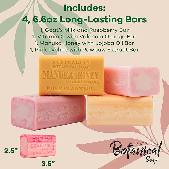 Australian Botanical Soap Sweet & Fruity 4 Bar Variety Pack – Goats Milk Raspberry, Manuka Honey, Pink Lychee & Valencia Orange, Triple Milled 6.6 oz Bars with Shea Butter