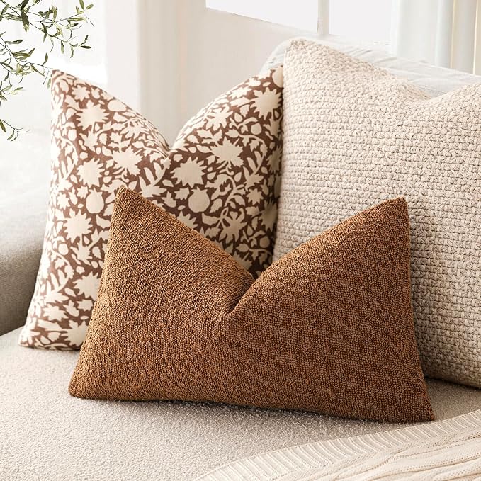 Foindtower Pack of 2 Textured Boucle Throw Pillow Covers Accent Solid Decorative Lumbar Pillow Cases Cozy Couch Cushion Case for Chair Sofa Bedroom Living Room Home Decor 12x20 Inch Hazel Brown
