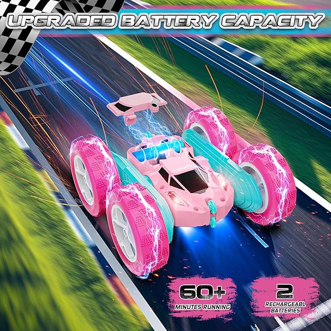 cosone Remote Control Car Pink RC Cars for Girls, RC Stunt Cars with 4WD Double-Sided Driving 360° Flips Rotating, Outdoor Toys for Kids Age 6 7 8 Valentines Day Gifts Birthday Gifts