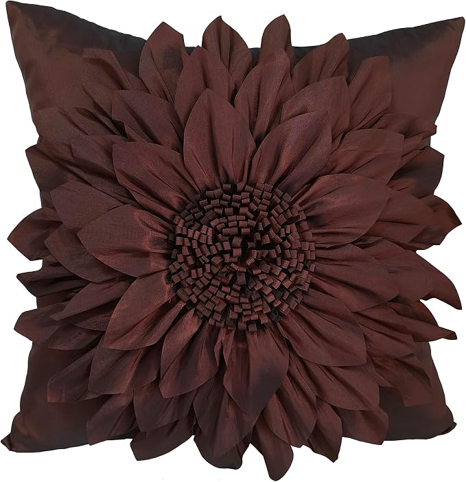 Brown Accent 3D Flower Decorative Throw Pillow Covers for Bed Sofa Couch | Bella's Giftshop Handmade Sunflower Taffeta Pillow Cases Living Room Bedroom Decor, 18x18 Inch