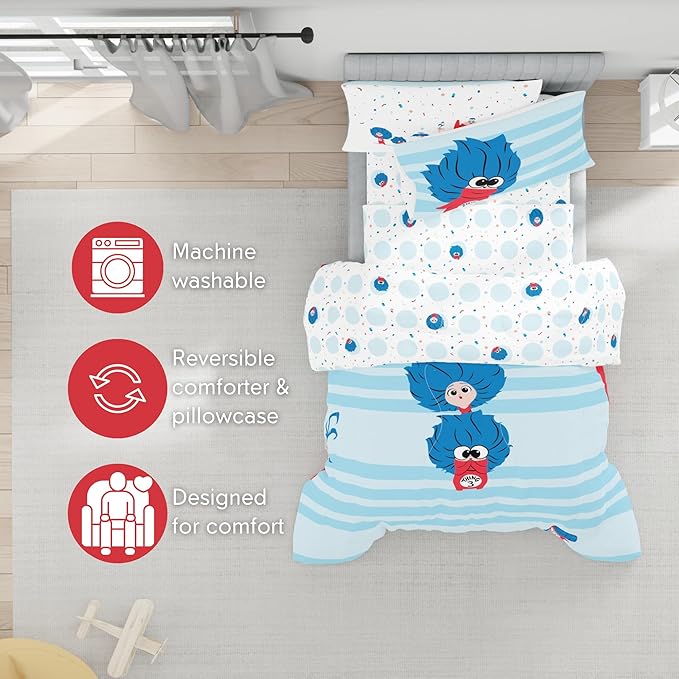Dr Seuss The Cat in The Hat Movie Bedding Set, Twin Size 4 Piece Kids Super Soft Cozy Reversible Comforter and Sheet Set, Thing 1, Thing 2, Thing 3 (Officially Licensed Product) By Franco | Durable, Reversible, Officially Licensed