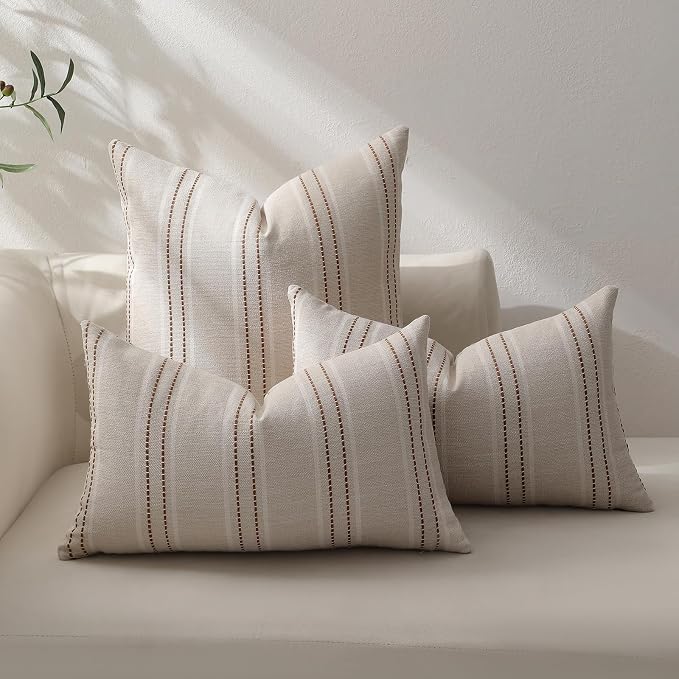 Hckot Rust Throw Pillow Covers 20x20 Set of 2 Striped Fall Pillow Covers Textured Linen Decorative Pillows Square Cushion Covers for Sofa Couch Bed Living Room Farmhouse Decor(Caramel)